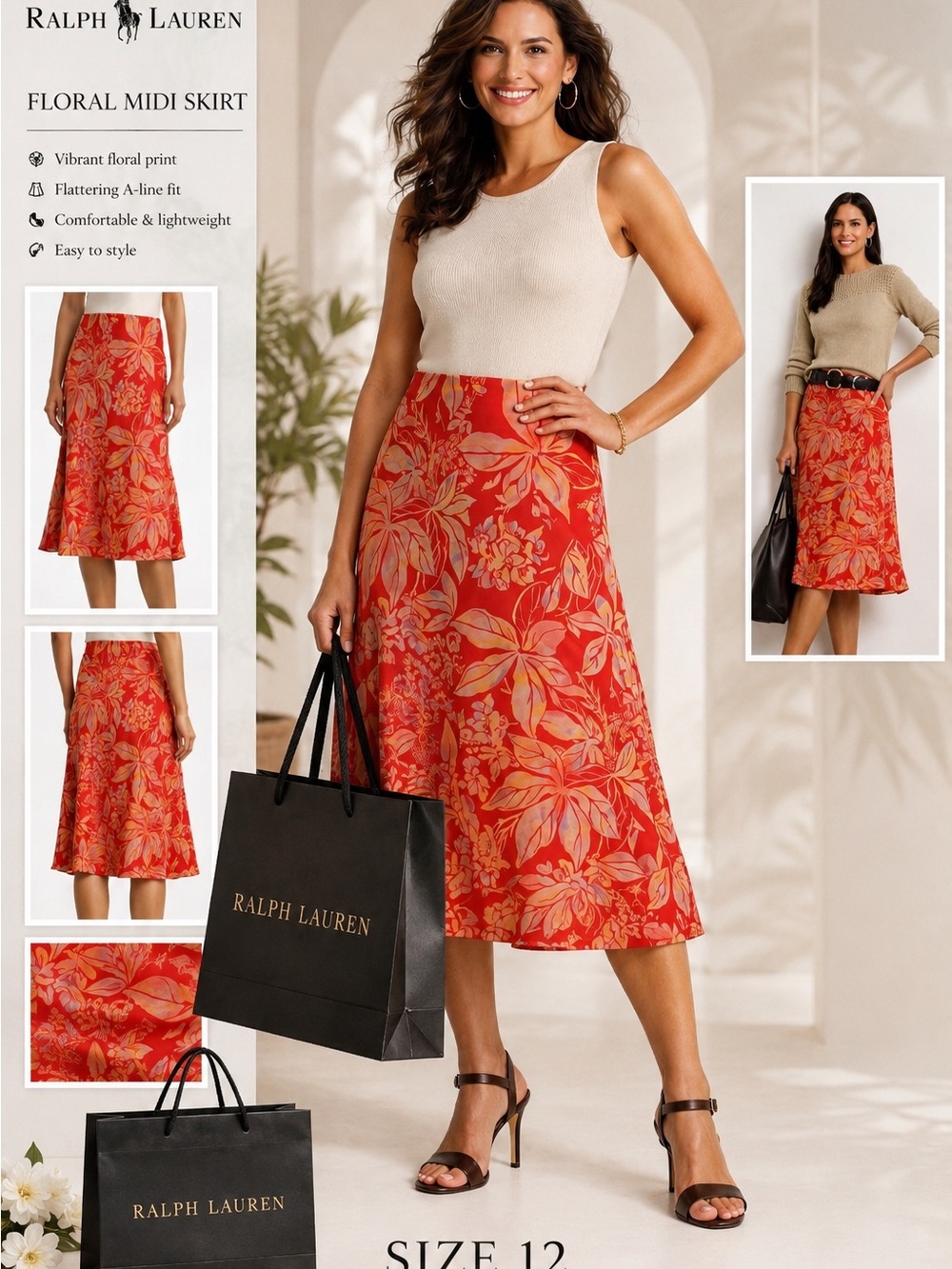 Ralph Lauren Orange-Red Floral A-Line Midi Skirt